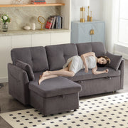 Divano letto angolare modulare con contenitore e chaise longue reversibile in velluto a coste grigio scuro