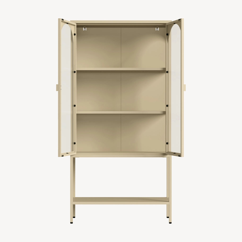 Vetrina Klippestad Credenza Alta a 2 Ante in Vetro e Ripiano Aperto 160 x 80 x 35 cm - Color Cammello [en.casa]
