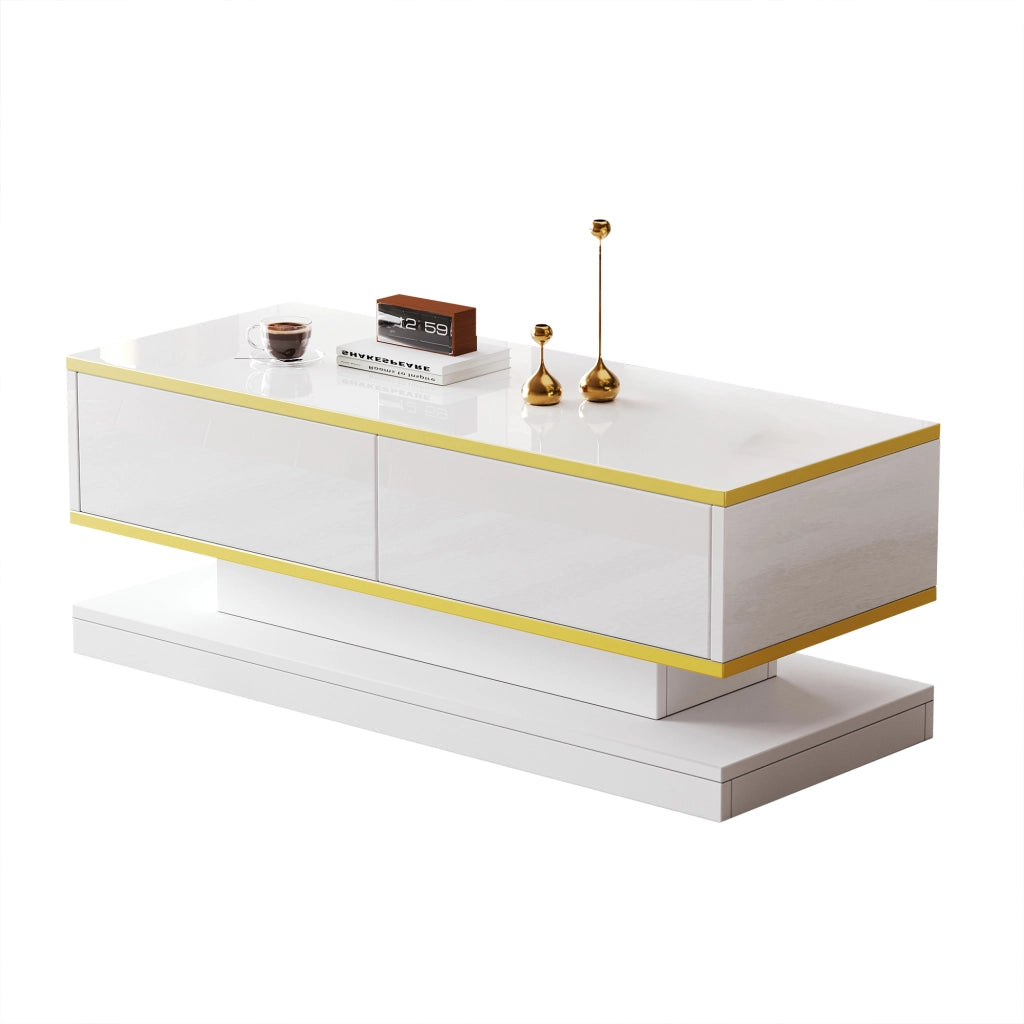 Tavolino da caffè con 2 cassetti - per soggiorno - in truciolato - 100x50x38 cm - bianco caldo e oro