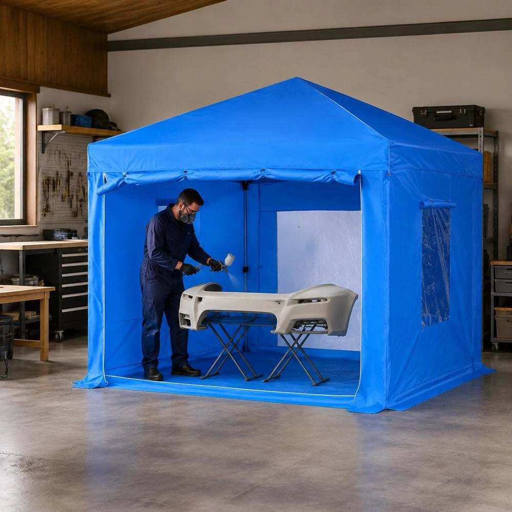 Portable Paint Booth Tent, 115.35 X 115.35 X 71.26 Inch Portable Garage Spray Tent, Waterproof Spray Booth With Foldable Frame Design & 2 Mesh Side Windows For Auto Parts, Furniture, Motorcycle