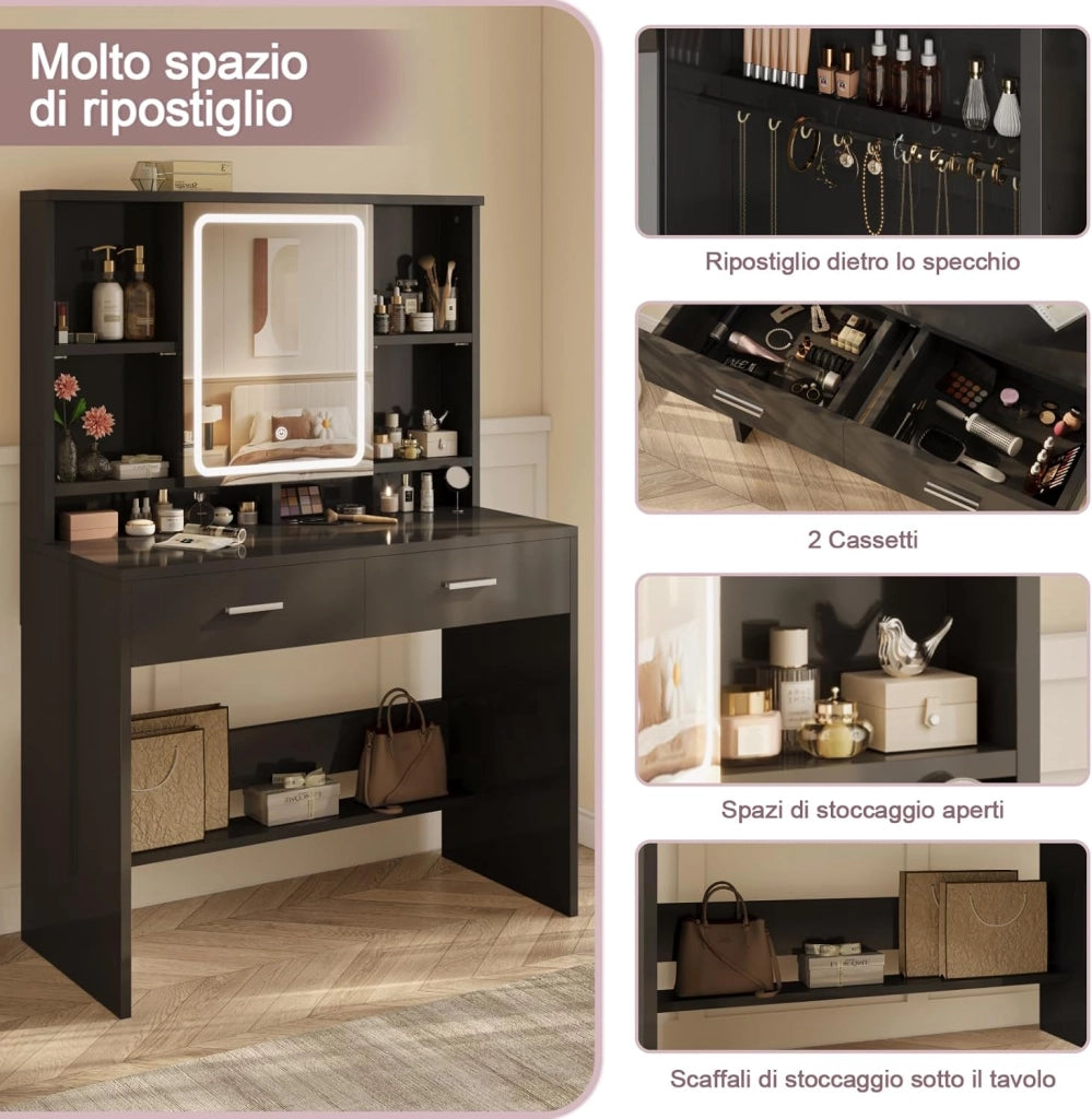 Toeletta Trucco con Luci Led a 3 Colori con Luminosità Regolabile,Tavolo da Trucco con Spazio per Gioielli, 4 Ripiani Regolabili, 2 Cassetti, Stile Moderno, Nero