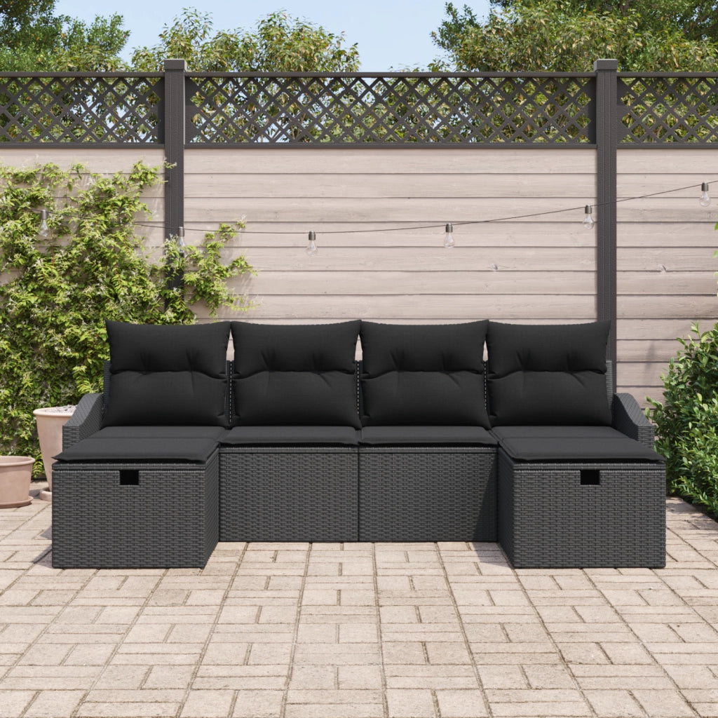 Set Divano da Giardino 6 Pezzi con Cuscini Nero Polyrattan