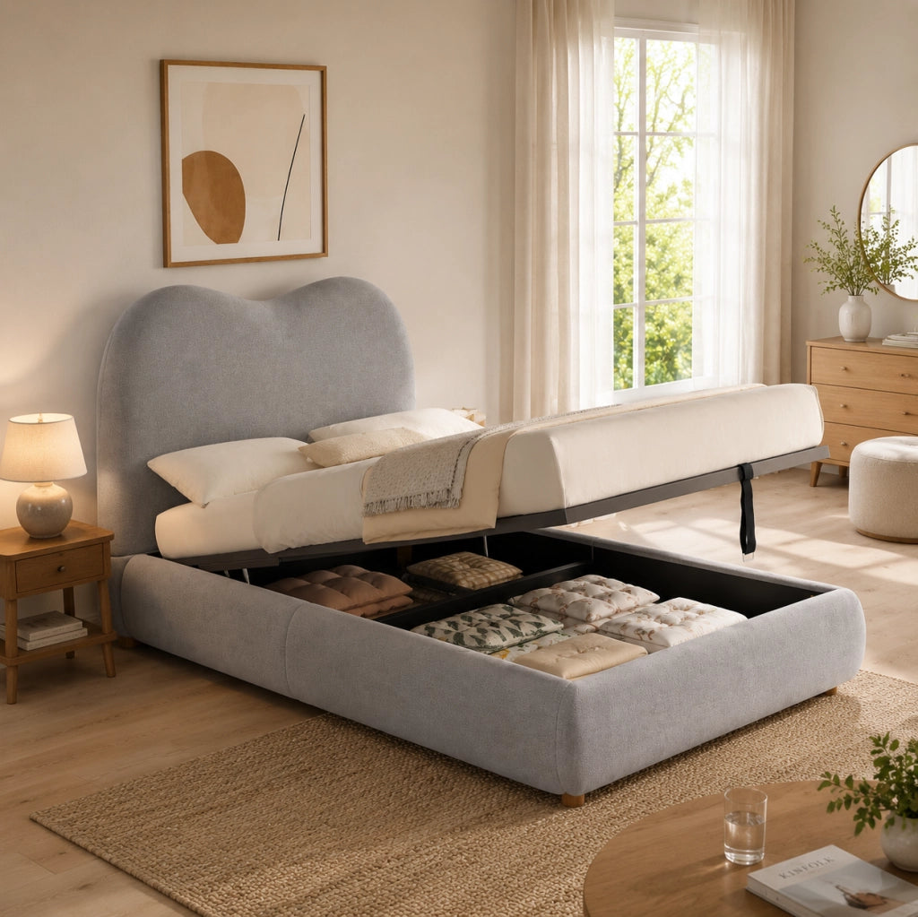 Letto imbottito per bambino con contenitore idraulico; tessuto effetto lino grigio