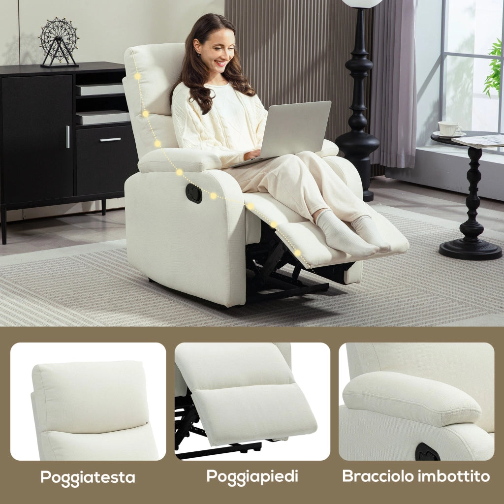 Poltrona Reclinabile Manualmente a 60° 69x91,5x103 cm con Poggiapiedi Extra Imbottita in Tessuto Crema