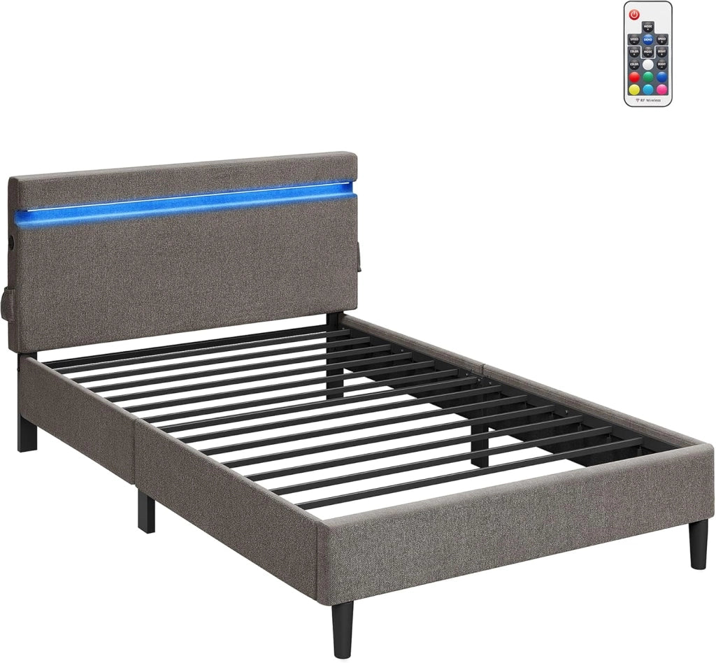 VASAGLE Struttura Letto Matrimoniale in Metallo, 140 x 190 cm, Letto a Doghe con Testiera, con Luci a LED, Porta USB e TYPE-C, Base per Materasso, Moderno, Grigio Scuro RMB802G71