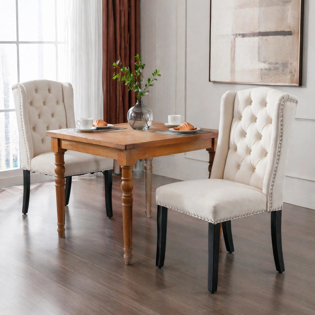 SEDIE da pranzo set da 2 pezzi in velluto beige con gambe in quercia