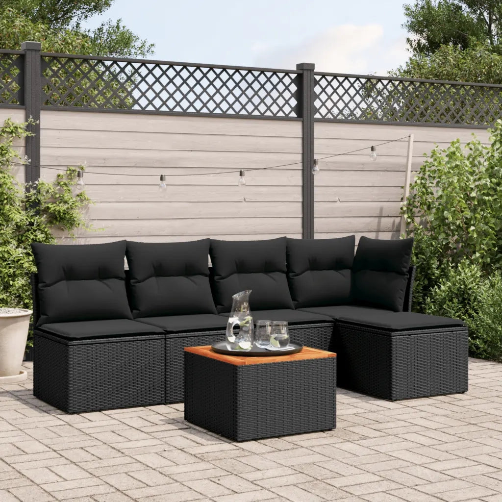 Set Divano da Giardino 6 pz | Set Salotto da Giardino con Cuscini Nero in Polyrattan