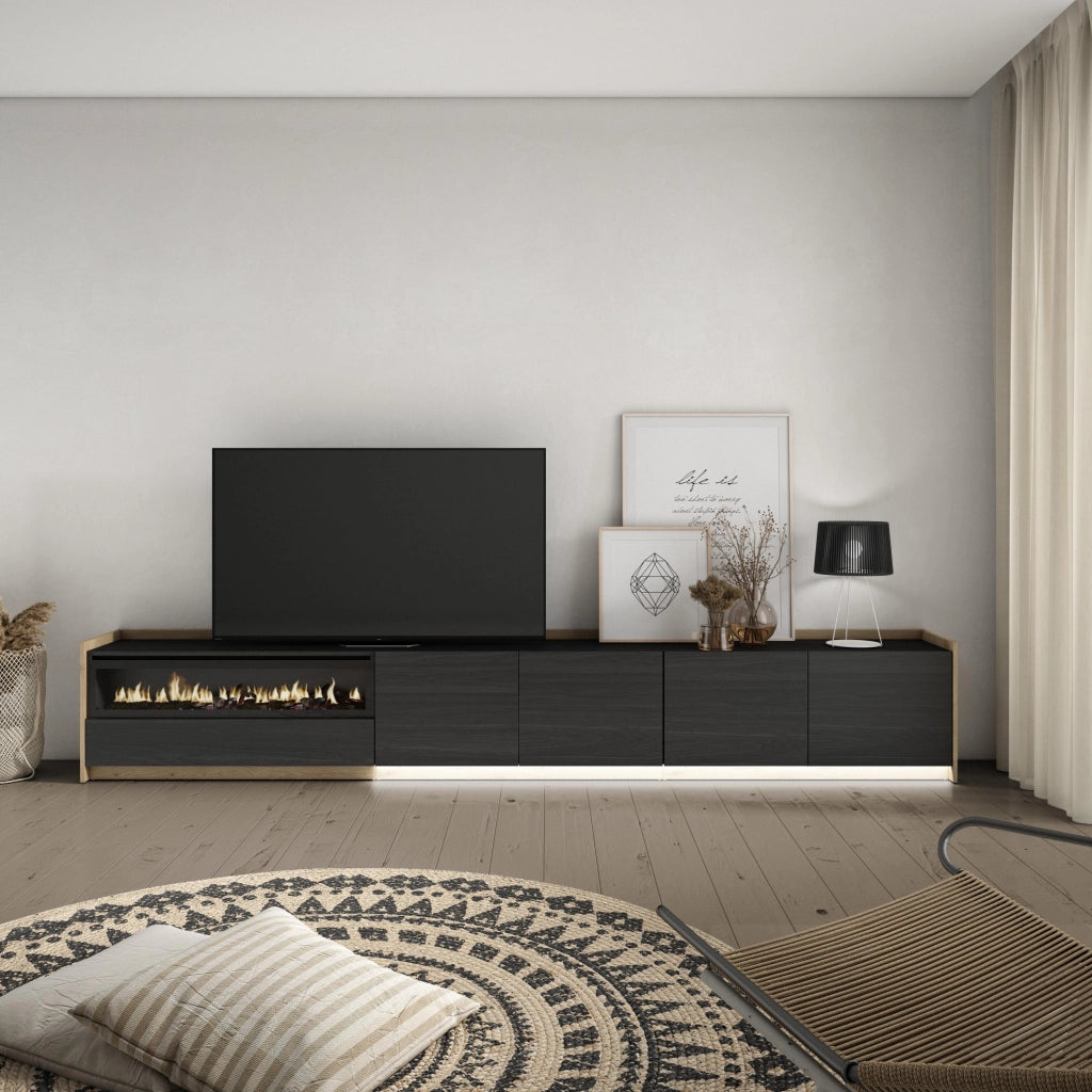 Mobile TV Soggiorno, 310x50x37 cm, Per TV fino a 80", Camino elettrico, LED, Nero e rovere