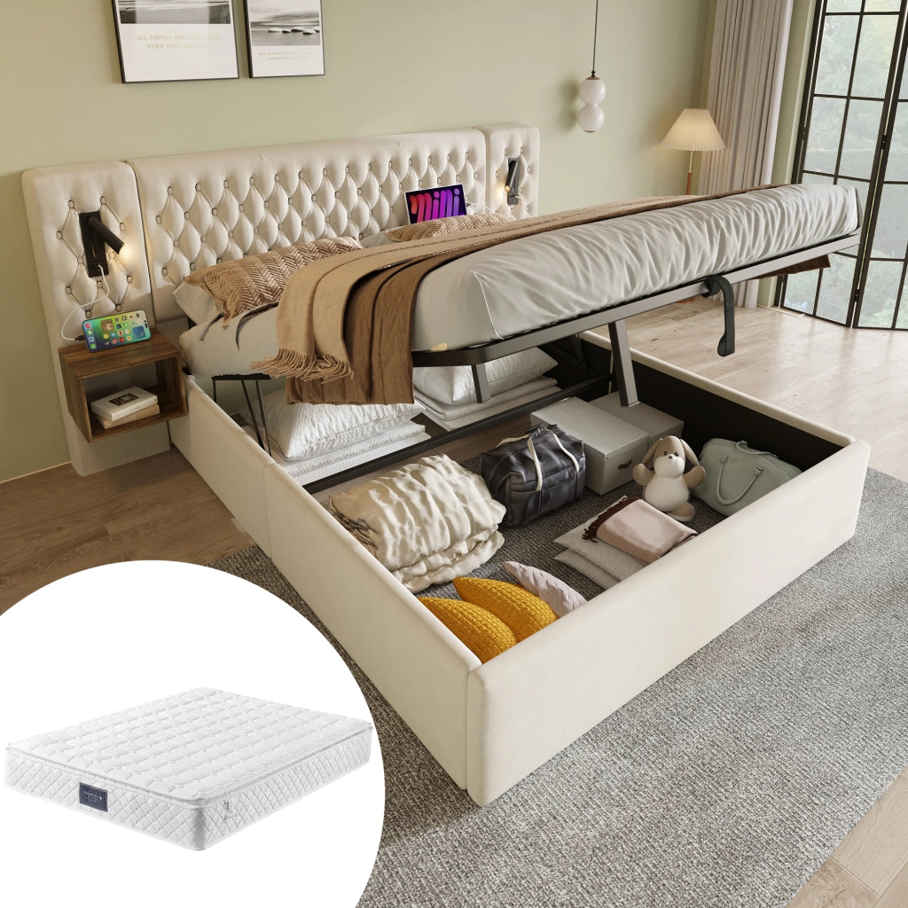 Letto contenitore matrimoniale 160 × 200 cm con 2 comodini, lampade da lettura, USB e Tipo-C, con materasso, beige