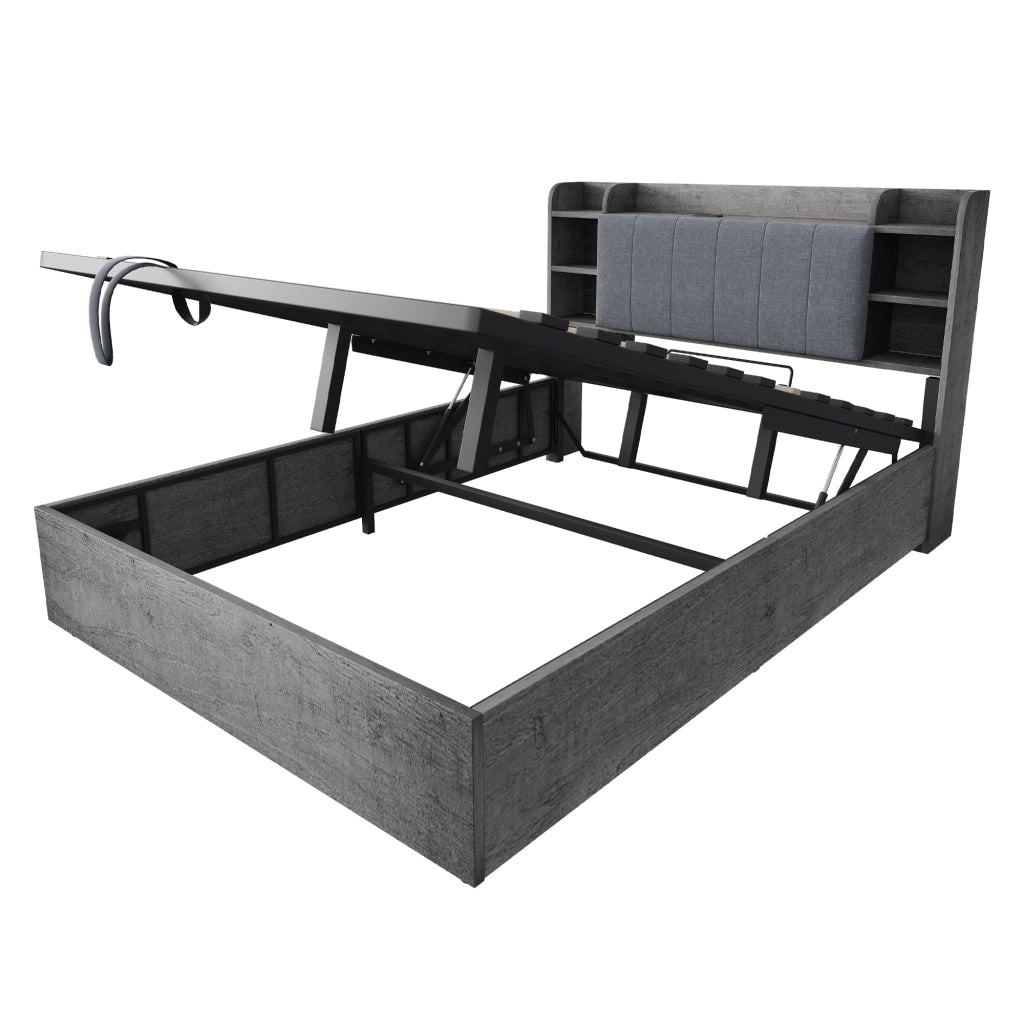 Letto contenitore matrimoniale 180×200 cm con USB Type-C; testiera con ripiani; senza materasso; grigio