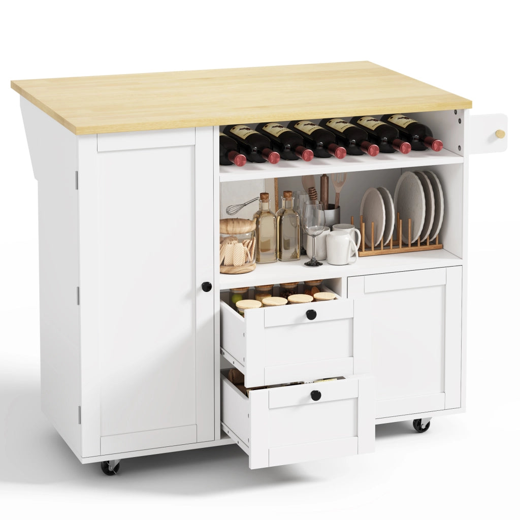 Isola cucina con piano ribaltabile, 2 cassetti, portabottiglie, portarotolo e ruote bloccabili, 104 × 45(69) × 89 cm