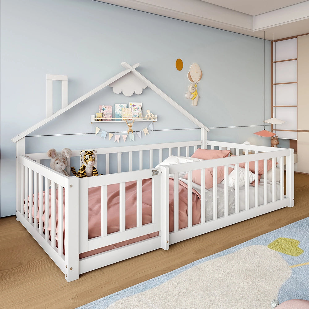 Letto bambino-Xylo-90x190 cm-bordo, barriera con serratura, pino, bianco