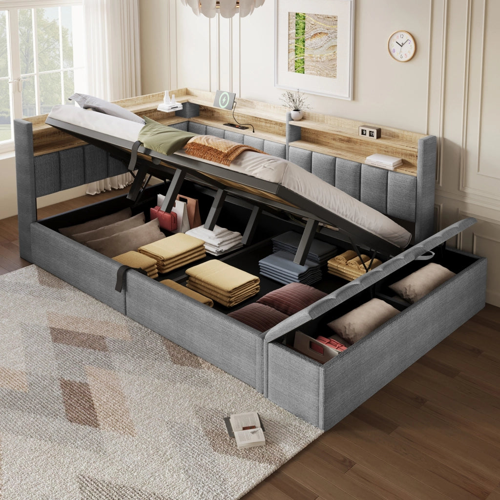Letto contenitore 140x200 in velluto grigio con luce LED RGB e USB