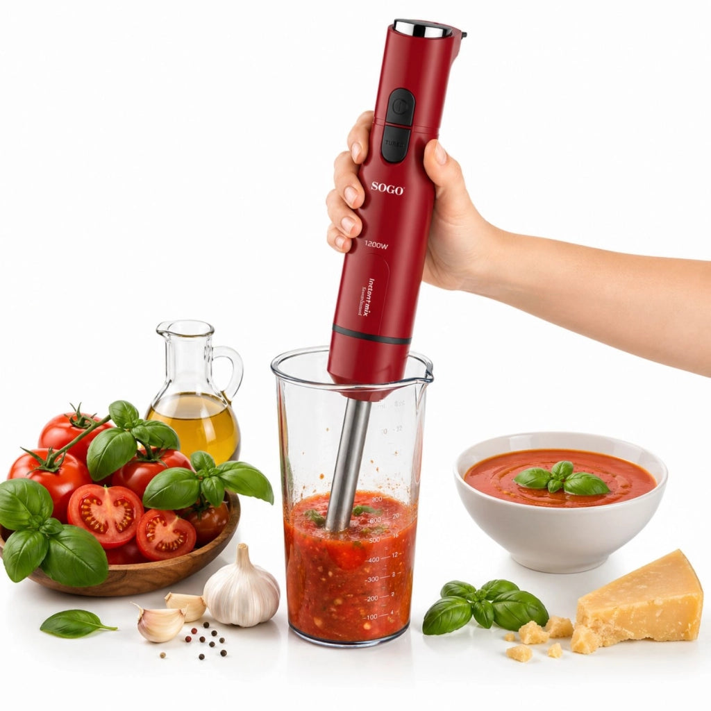 Frullatore a immersione 1200W, 6 lame in acciaio inox con rivestimento titanio e 21 velocità, con bicchiere 800 ml - Sogo