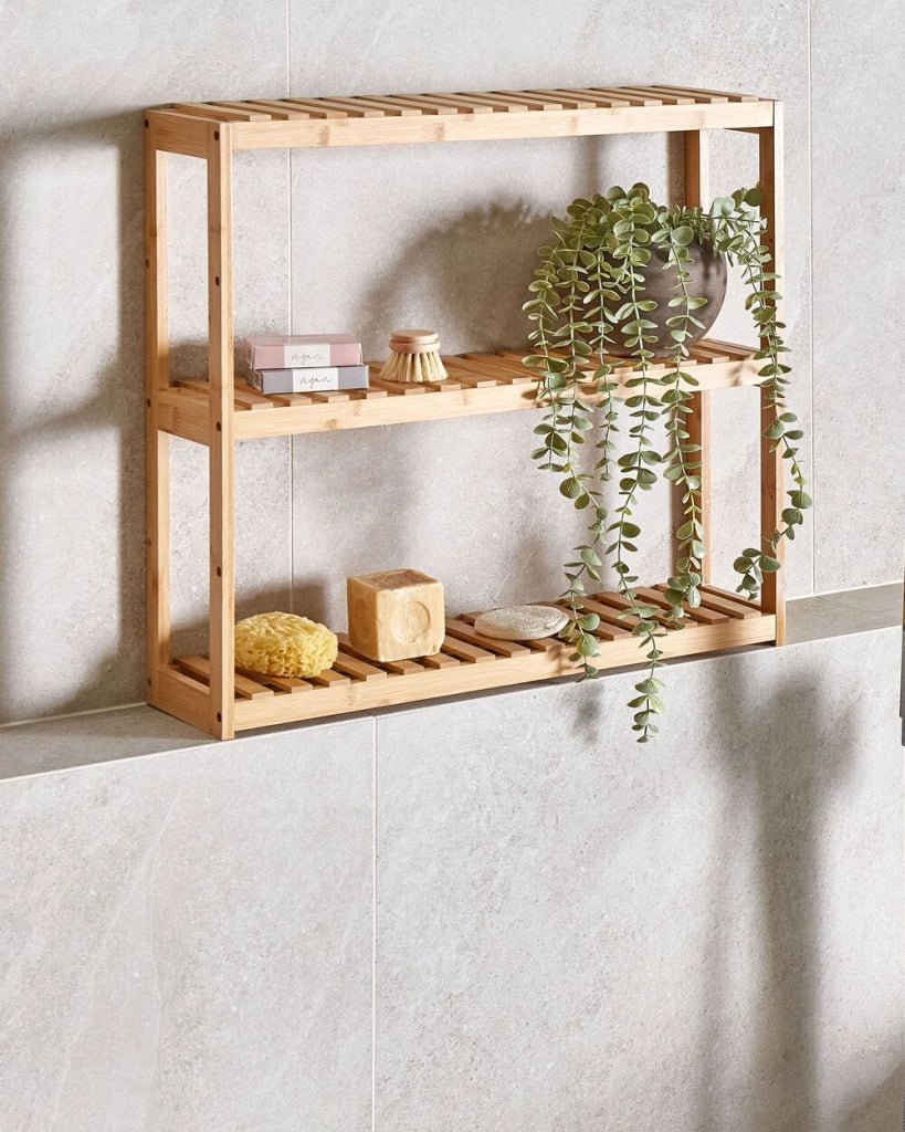 Mensola da parete per bagno in marrone chiaro di bambù 3 ripiani stile minimalista