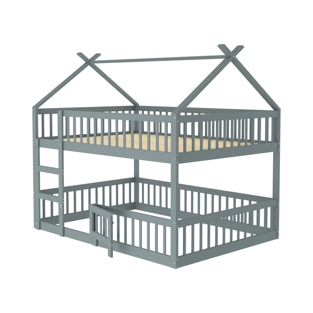 Letto a castello grigio con scala in legno massello 140x200 cm