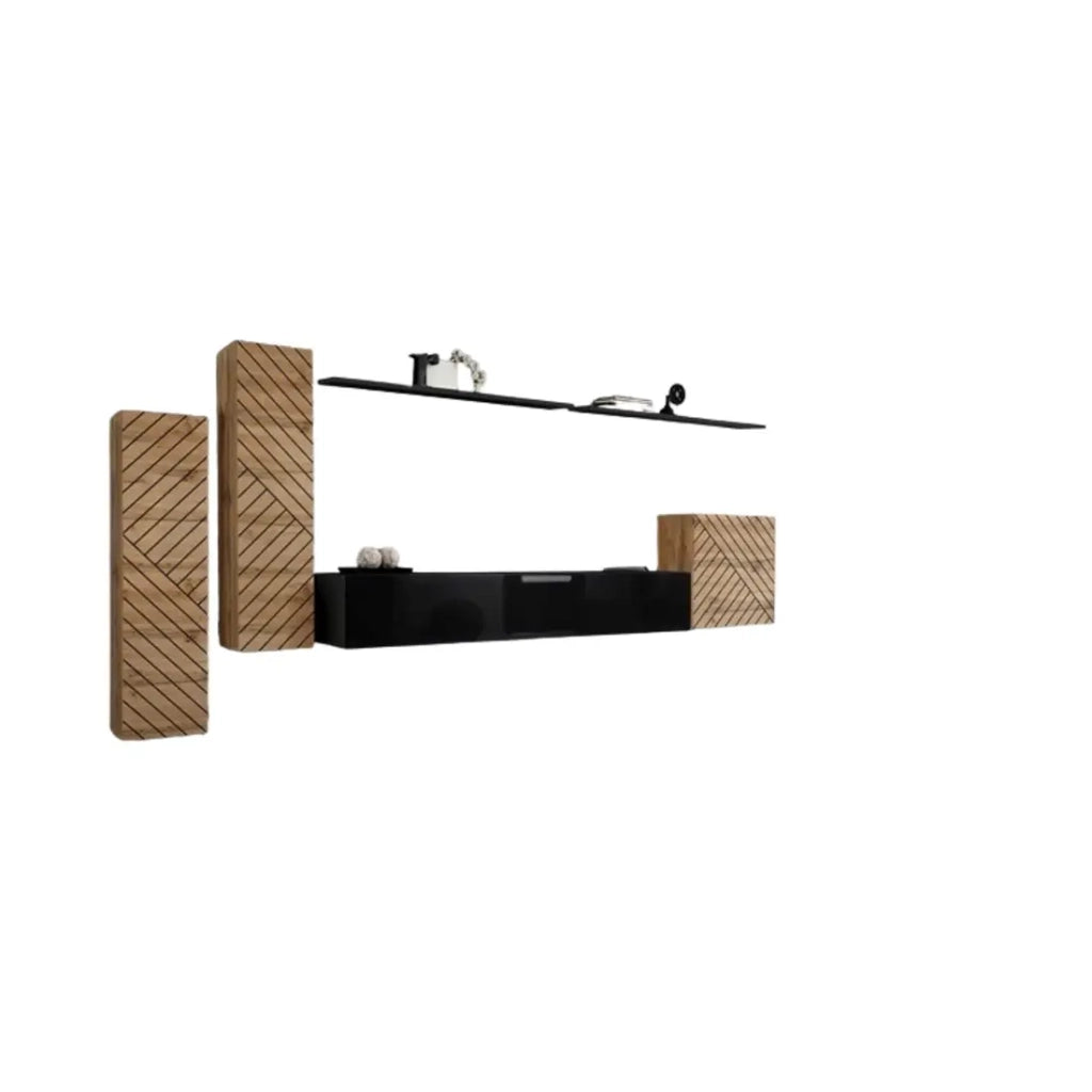 Mobile da soggiorno SWITCH I design, colore quercia wotan e nero. Finiture delle ante effetto quercia fresata.