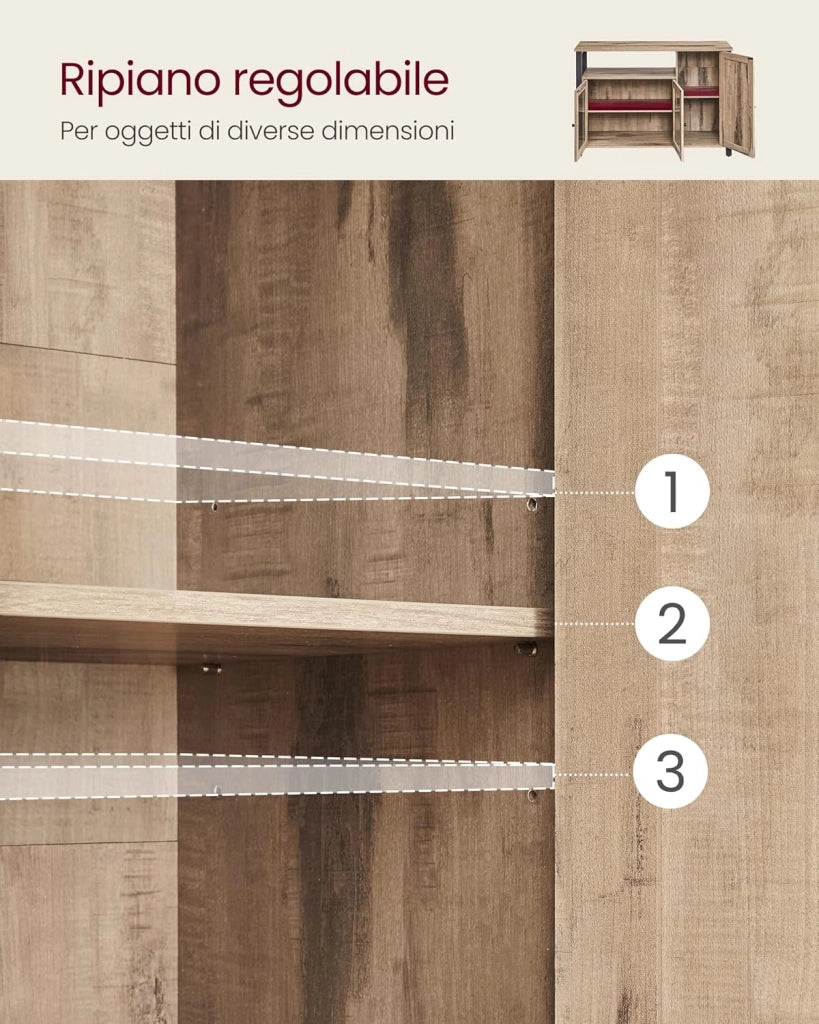 VASAGLE Credenza, Mobile da Cucina, Mobile Contenitore, con 3 Ante, per Soggiorno, Cucina, Sala da Pranzo, 33 x 110 x 75 cm, Stile Country, Marrone Cammello e Nero Inchiostro LSC096B50