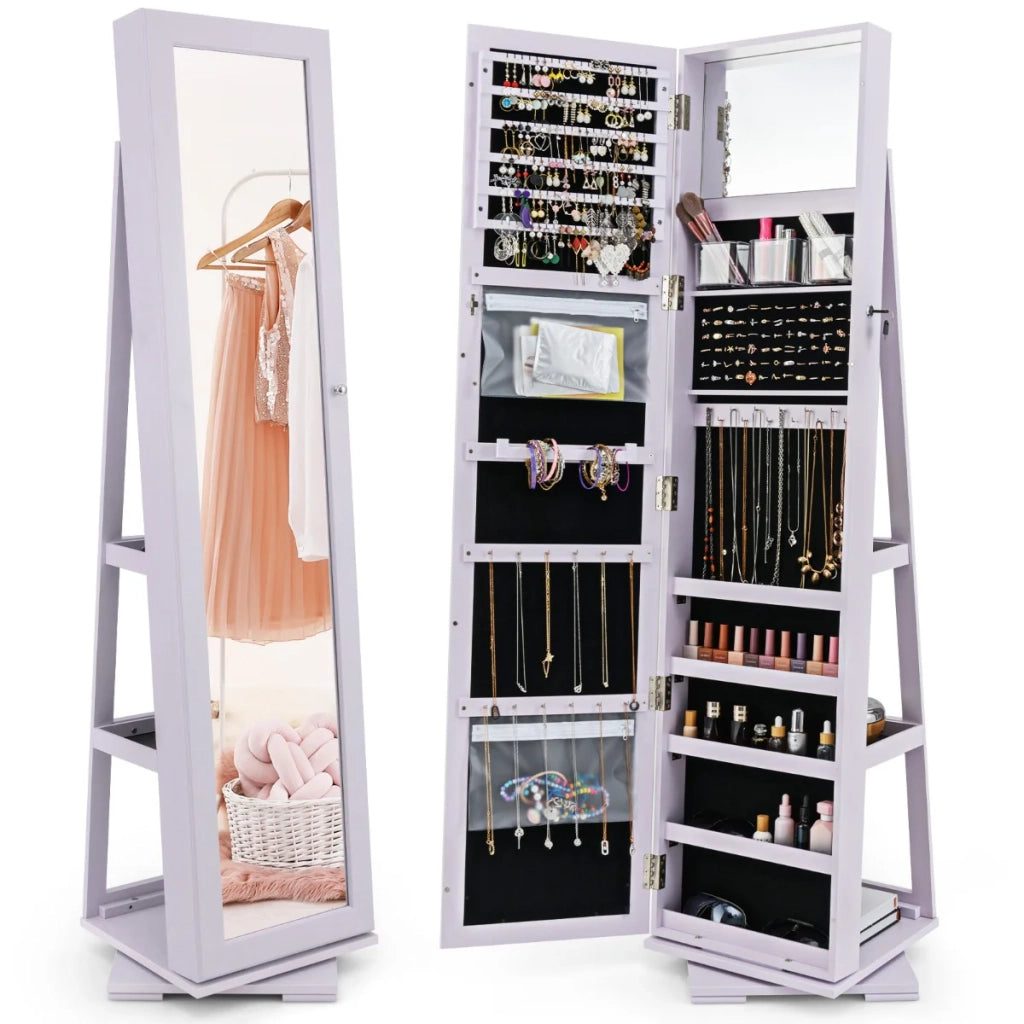 Mobile portagioielli indipendente 39 x 39 x 161 cm grande capacità chiudibile a chiave con specchio a figura intera in MDF viola 20_0010342