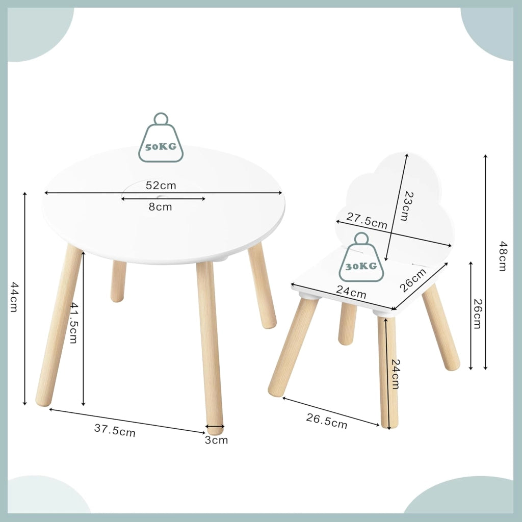 Set di Tavolo e Sedie per Bambini, Rotondo in Legno Con 2 Sedie, Tavolino a 3 Pezzi per Asilo Nido, Bianco
