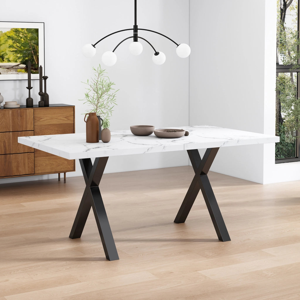 Tavolo da pranzo in MDF effetto marmo con gambe incrociate, stile moderno, per soggiorno e sala da pranzo, bianco