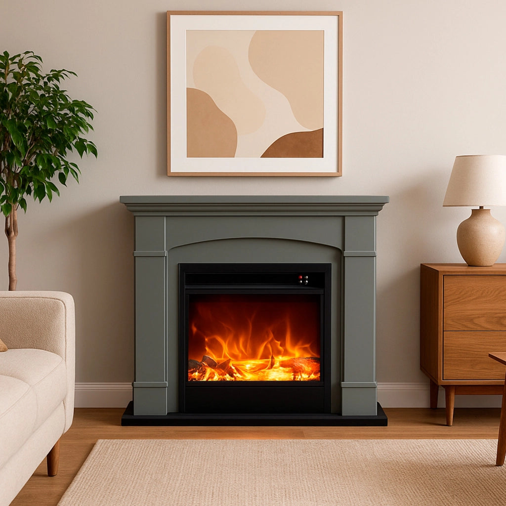 Caminetto Fuego Monica Antracita 1500w a Parete Con Cornice Telecomando e Bruciatore Grigio Scuro