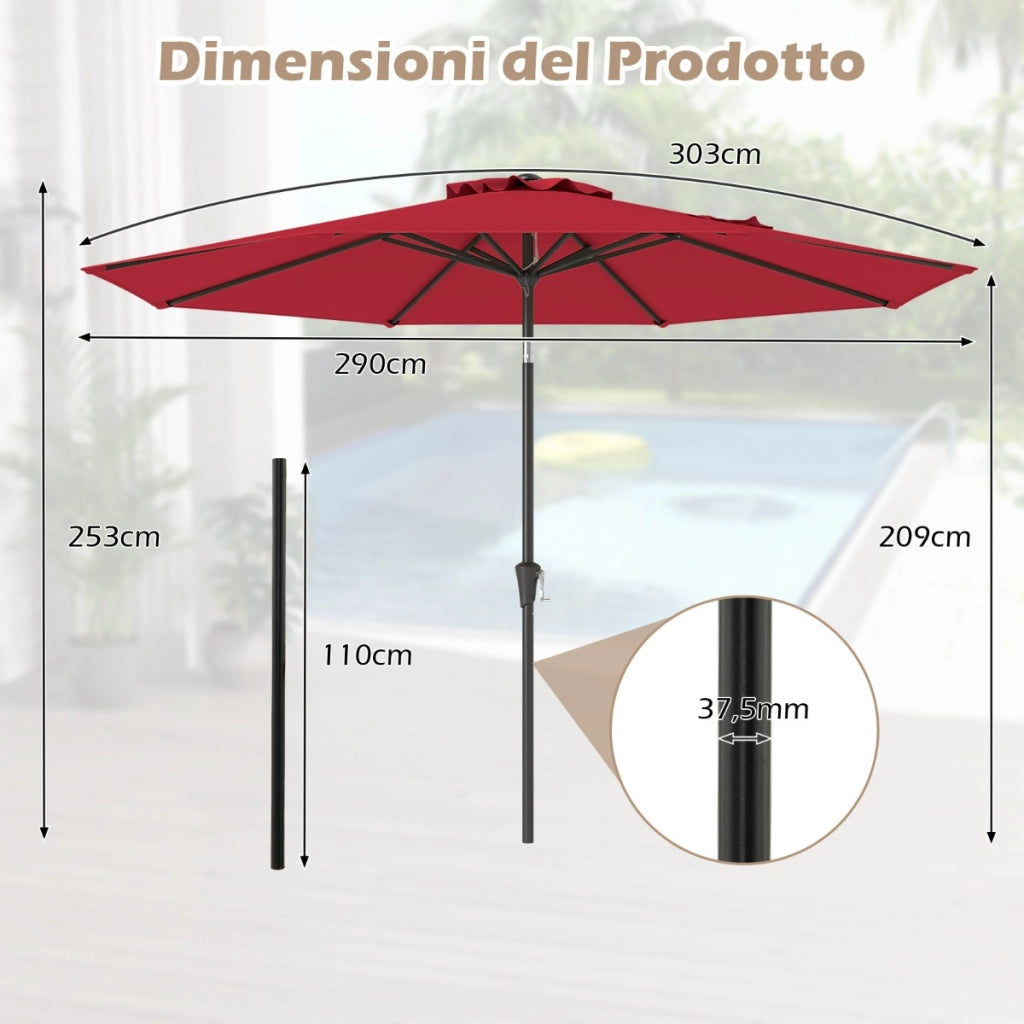 Ombrellone da esterno con manovella 8 stecche robuste, Ombrellone da giardino 300 cm Rosso