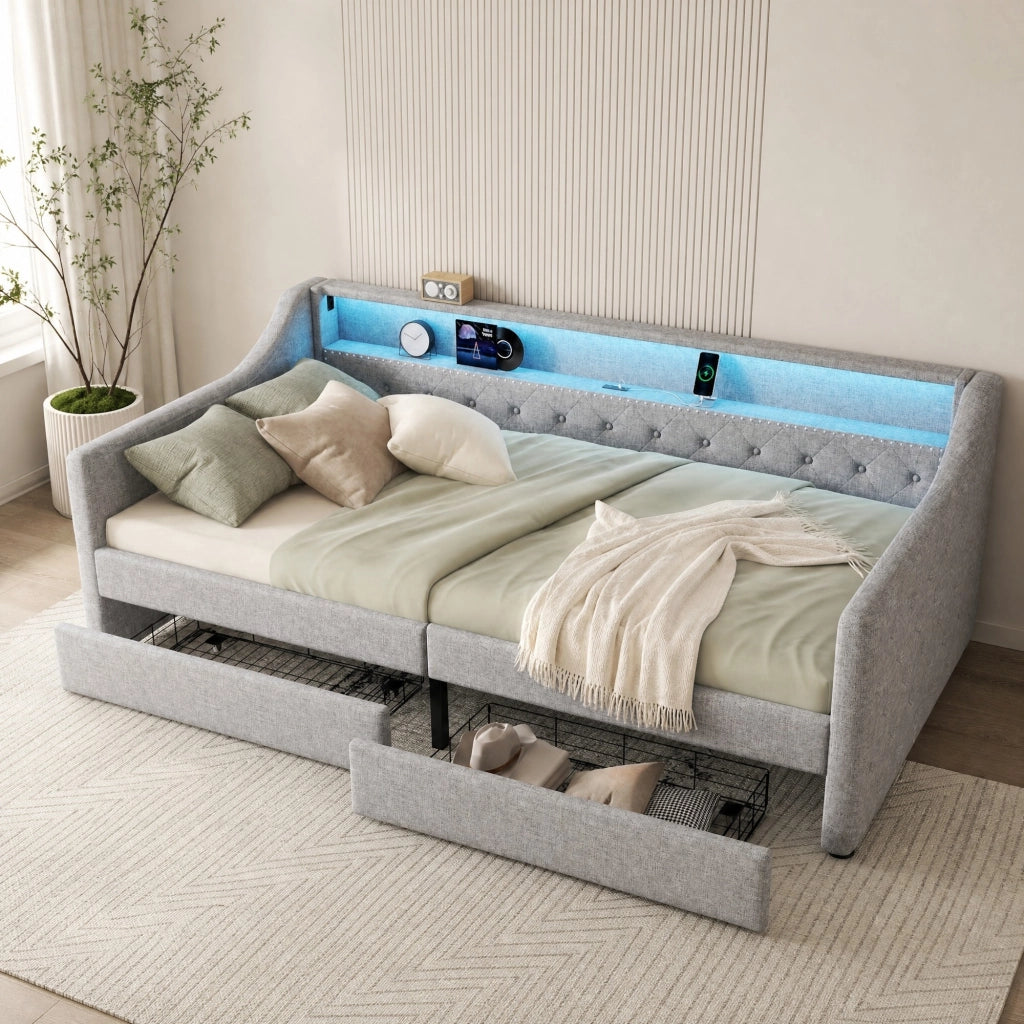 Divano letto 90x200 cm con LED, USB e 2 cassetti grigio