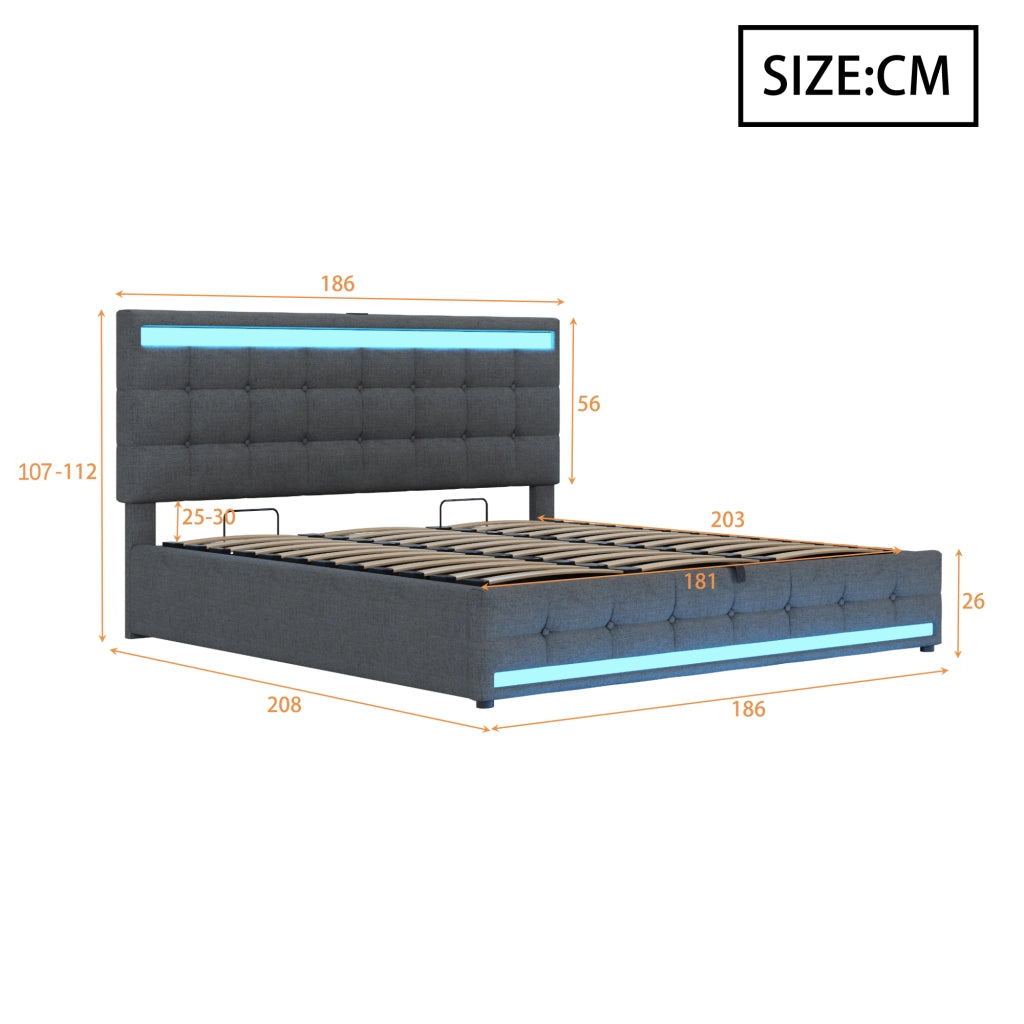 Letto imbottito matrimoniale 180x200 cm con LED RGB, USB integrati e contenitore del comfort moderno, Grigio