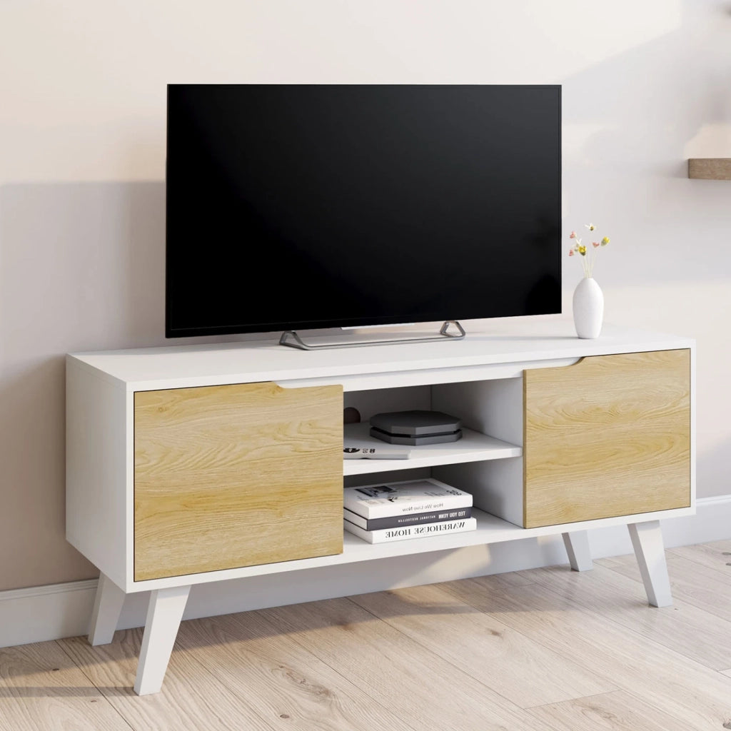 IDMarket - Mobile TV FINN bianco da 110 cm con 2 ante effetto faggio