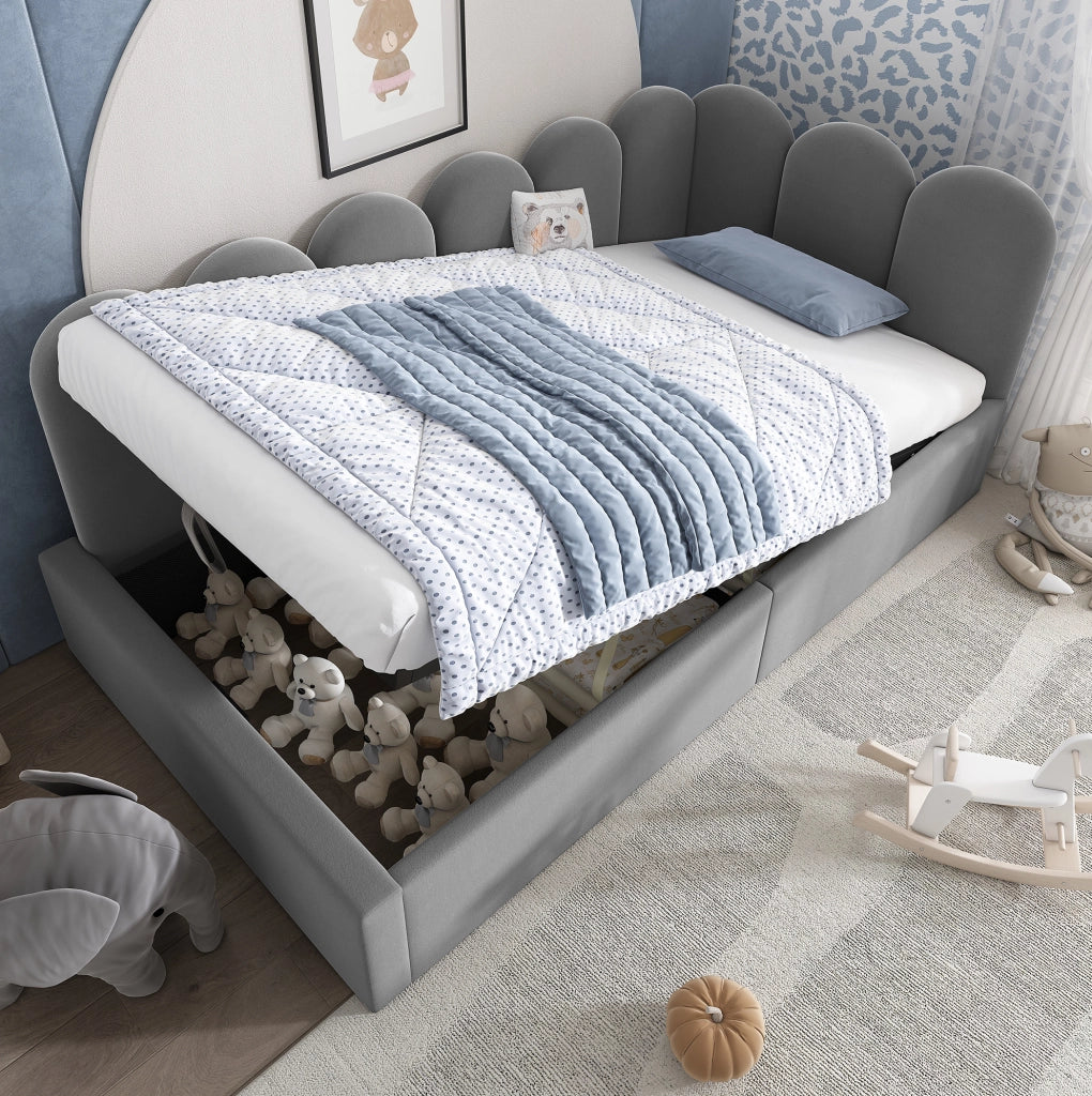 Letto contenitore 90x190 cm con rete idraulica; velluto grigio
