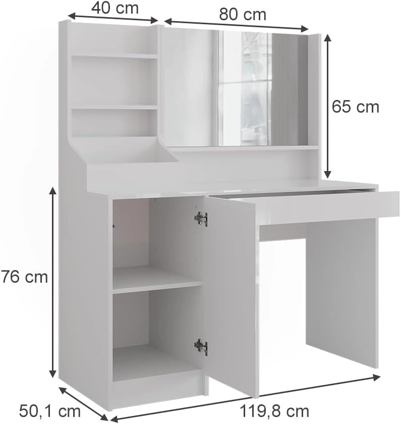 Tavolo da toeletta Sherry, Bianco/bianco lucido, 119.8 cm 3 parti, con specchio superiore per l'uso quotidiano e l'organizzazione