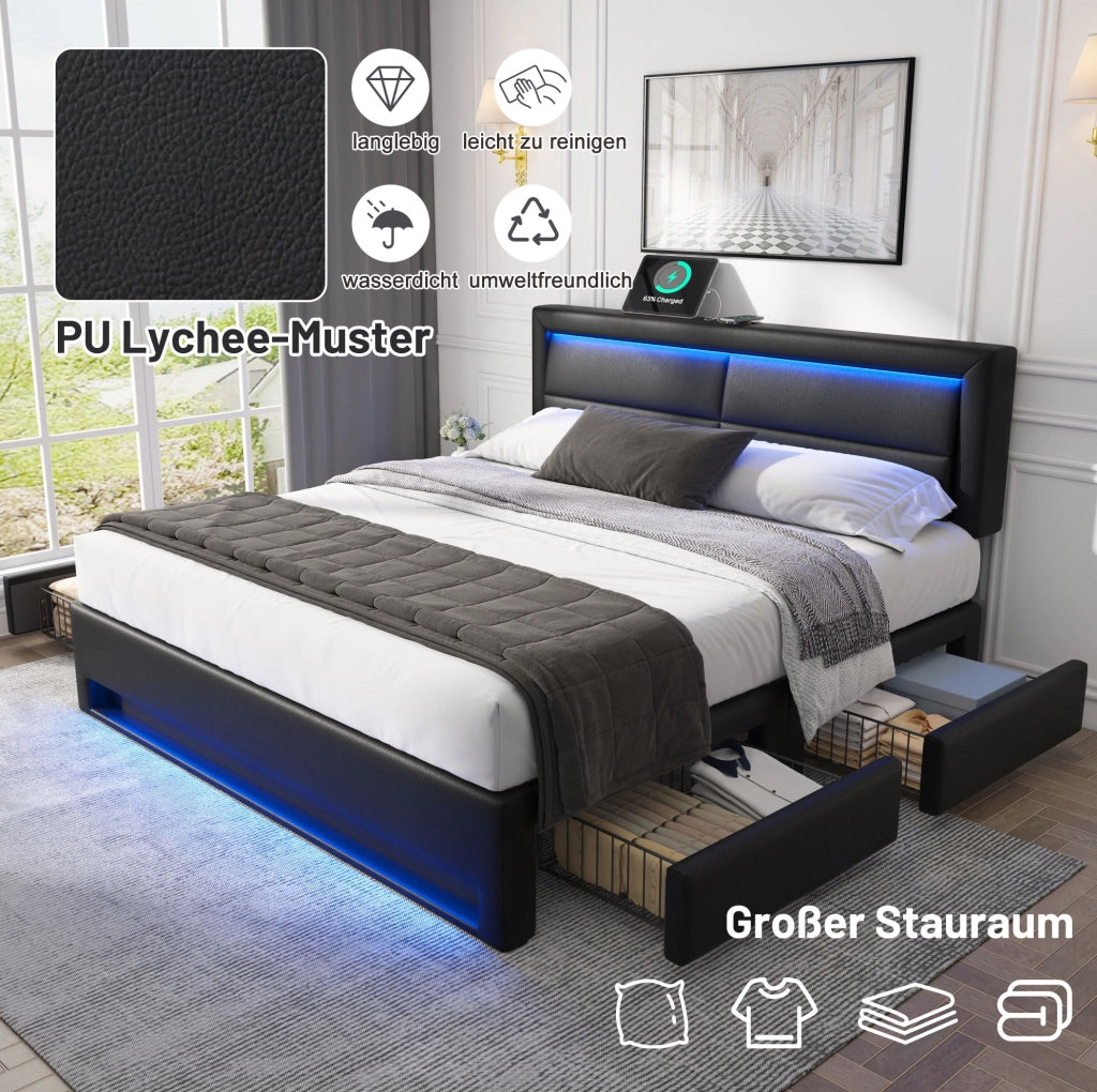 Letto imbottito con LED; USB e ricarica wireless; 4 cassetti; PU nero; per materasso 140 x 200 cm
