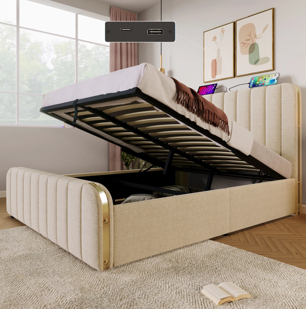 Letto matrimoniale 140x200 cm beige con materasso, USB-C e vano contenitore