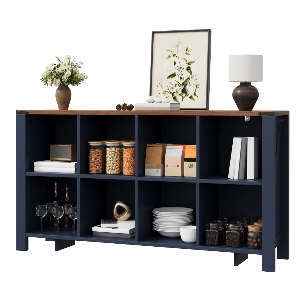 Mobile contenitore blu in MDF con 8 vani aperti, 140 × 34 × 75 cm