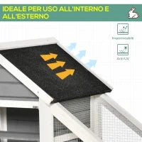 Conigliera in Legno con Area Aperta e Rampa, Gabbia per Conigli con Fondo Estraibile e Porte, 140x65x120 cm, Grigia