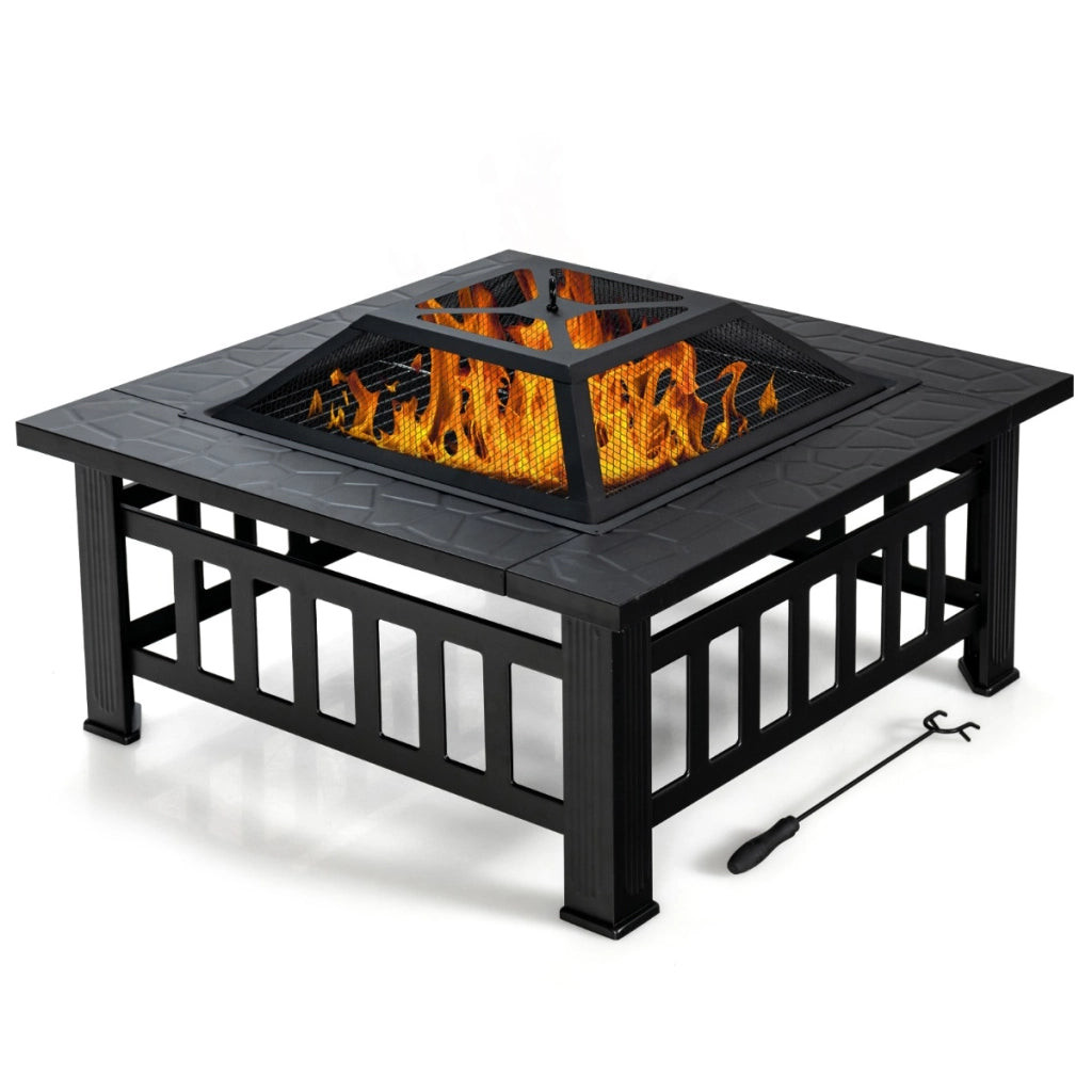 Tavolo braciere da esterno 81 cm per barbecue e picnic, Braciere quadrato di legno 3 in 1 con parascintille Nero-Bracieri da esterno