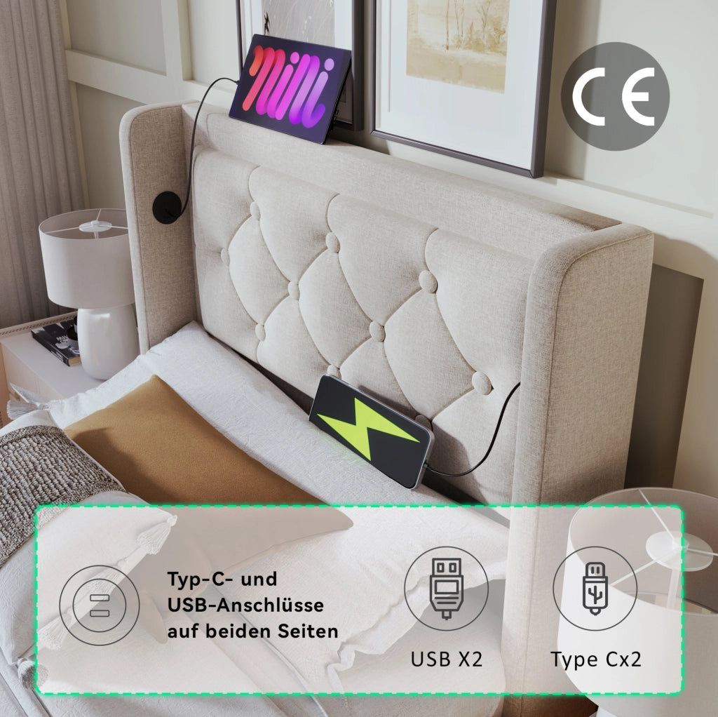 Letto singolo con contenitore 90x200 cm in cotone; LED e USB-C; beige