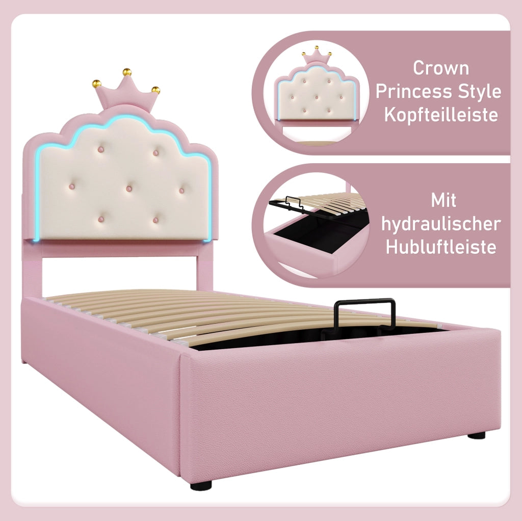 Letto singolo imbottito rosa con LED e vano contenitore 90x200 cm