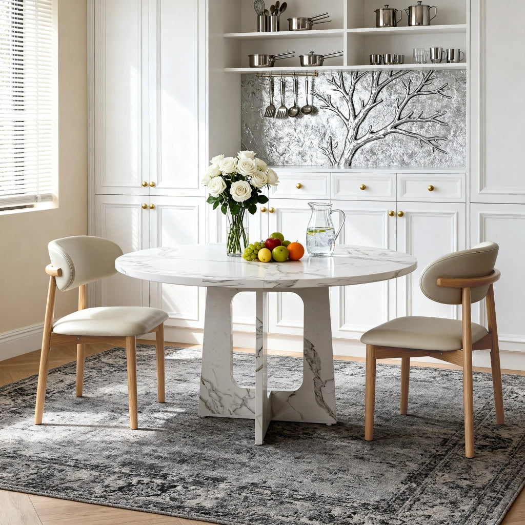 Tavolo da pranzo rotondo con 2 sedie in MDF effetto marmo bianco per soggiorno e sala da pranzo Ø 120 cm