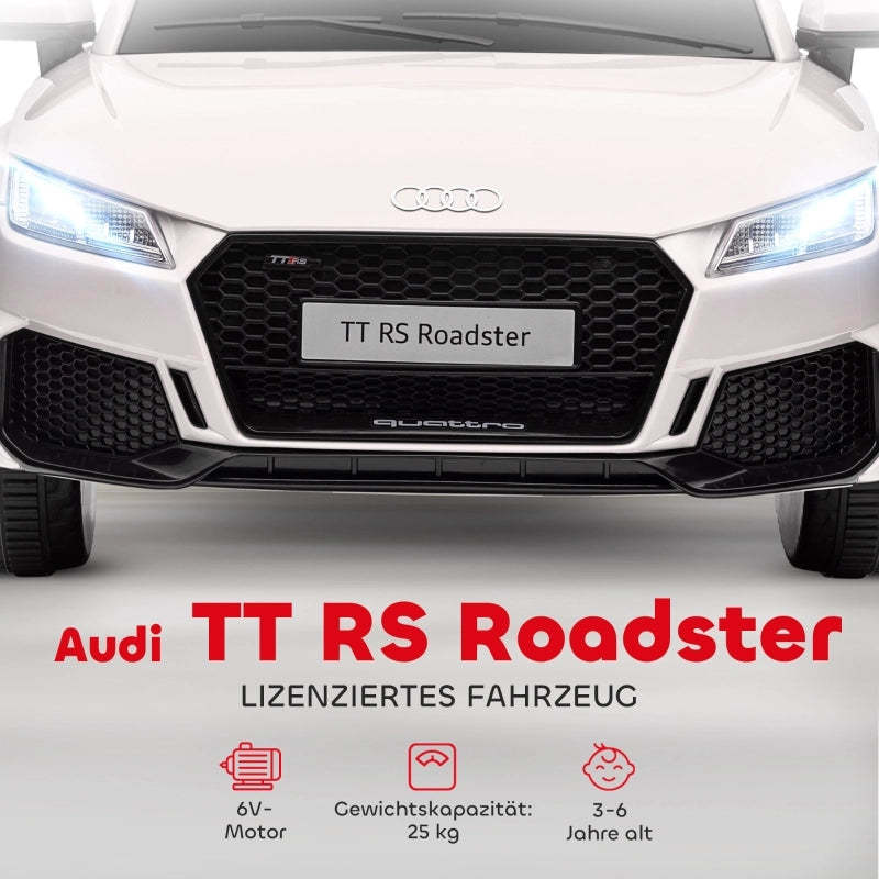 Auto elettrica per bambini, Audi TT RS Roadster, 3 km/h, telecomando, LED, USB, bianca