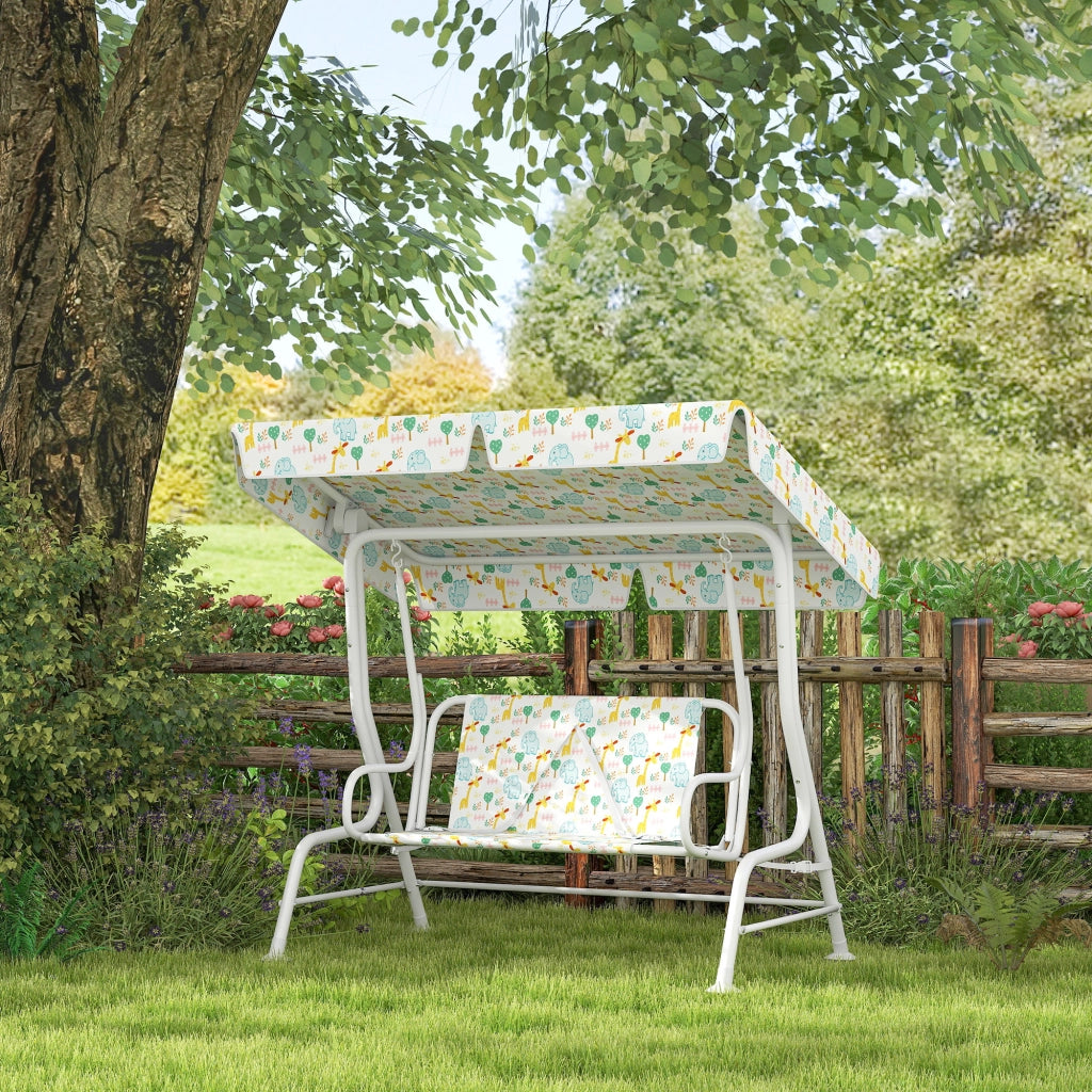 Dondolo per Bambini da Esterno a 2 Posti con Tettuccio Regolabile e Cinture di Sicurezza, 112x75x120 cm, Bianco