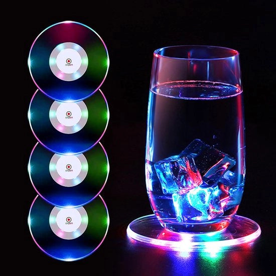 Set di 4 basi LED colorate che si illuminano per bicchieri, interruttore on/off per bicchieri, basi acqua-resistenti, basi rotonde in acril per bicchieri e bottiglie, feste, matrimoni, bar, Natale, pub.