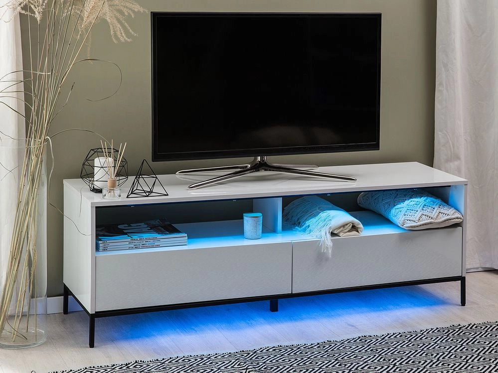 Mobile TV bianco con LED per TV fino a 70ʺ con ripiani a 2 cassetti
