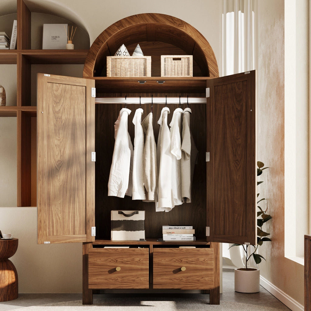 Armadio con 2 ante, 2 cassetti, vano aperto e asta, stile country, per camera da letto, noce, 181 × 78 × 45 cm