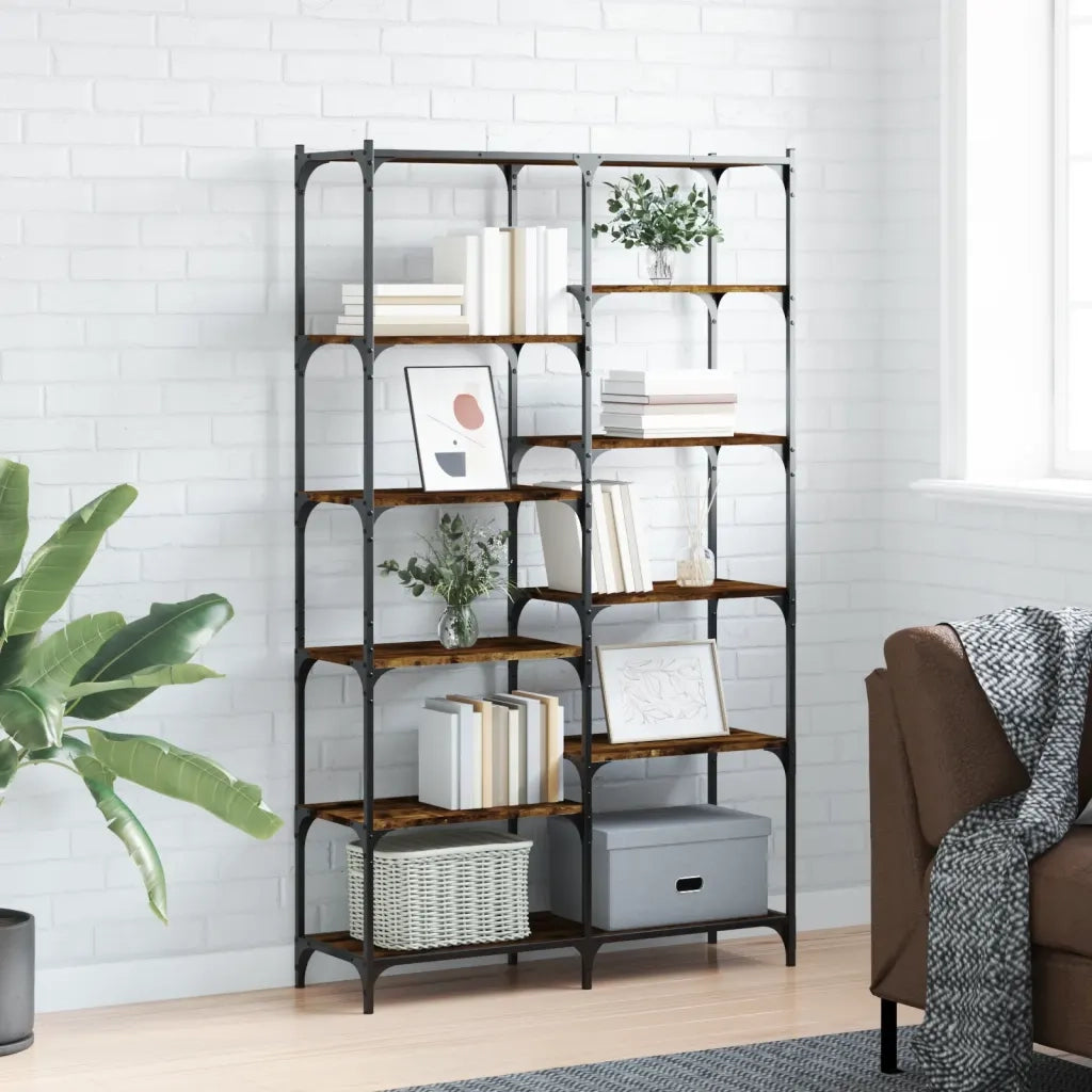 Libreria-Scaffale per Libri-Mobile di Stoccaggio Rovere Fumo 100x32x170 cm in Legno Multistrato e Ferro