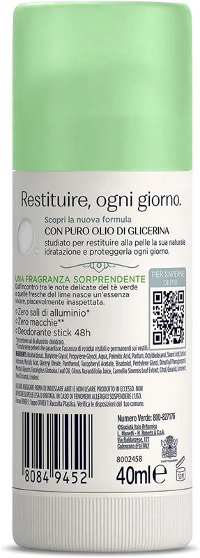 NEUTRO ROBERTS DEODORANTE STICK FRESCO VERDE TÉ VERDE E LIME ZERO SALI DI ALLUMINIO ZERO MACCHIE 40 ML 48H