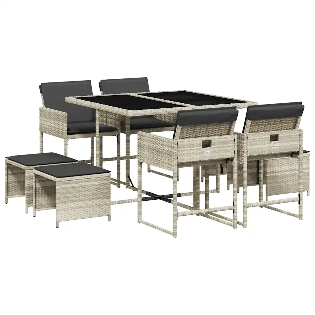 Set Pranzo da Giardino 9pz | Set Salotto da Giardino con Cuscini Grigio Chiaro Polyrattan