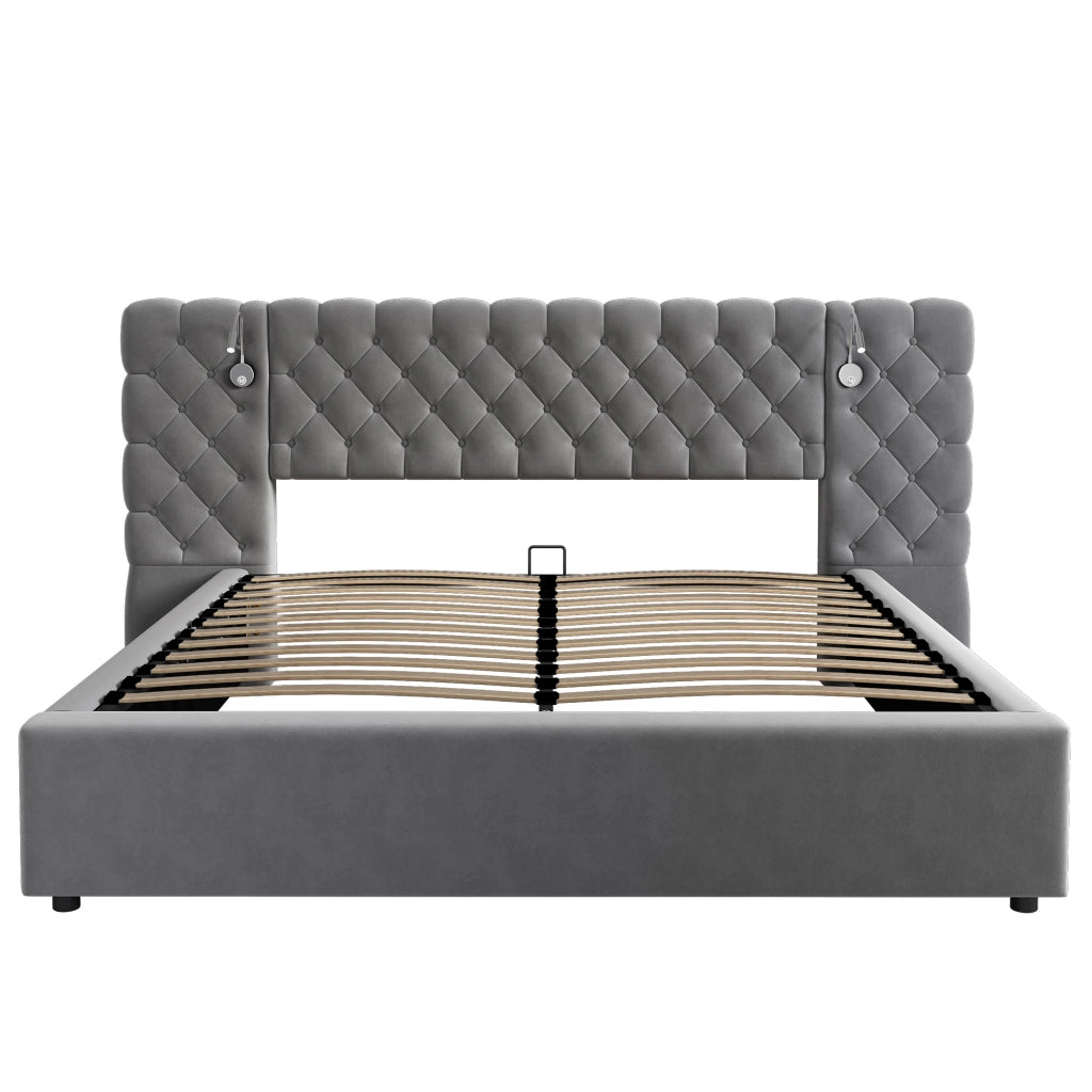 OKWISH Letto Contenitore 160×200 cm, Letto Matrimoniale con Sollevamento Idraulico, LED Regolabile, Lampada da Lettura e Testiera Ampia, senza Materasso, in Velluto, Grigio