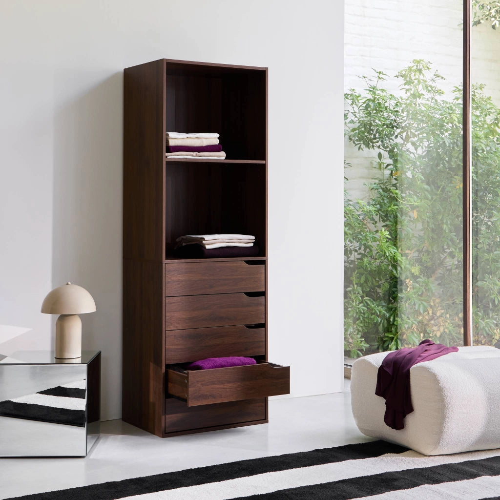 Modulo guardaroba decorazione legno 5 cassetti 2 ripiani, noce